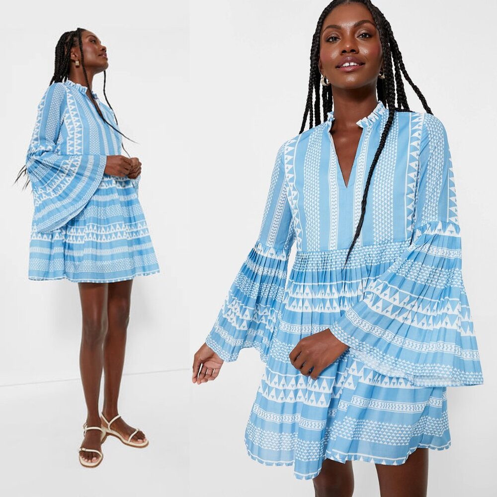 Hyacinth House Blaine Mini Dress Blue & White Size XXS NWT – Bell Sleeve Dress